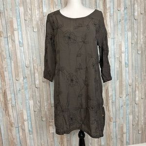Phoenix S Brown Floral Embroidered Crinkle Tunic Shift Dress Boho Lagenlook
